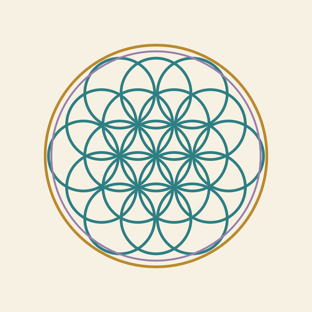 The Flower of Life — 19 overlapping circles of sacred geometry in Vibrations for a Higher Life brand colors